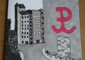 Rysunek miasta w szaro-czarnych barwach. Z lewej strony czerwony symbol Polski Walczącej.
